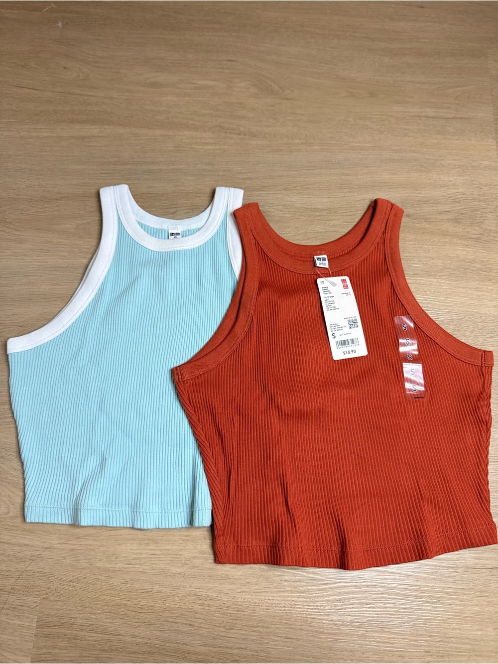 Uniqlo Ribbed Crop Tank Tops in Light Blue and Rust Orange